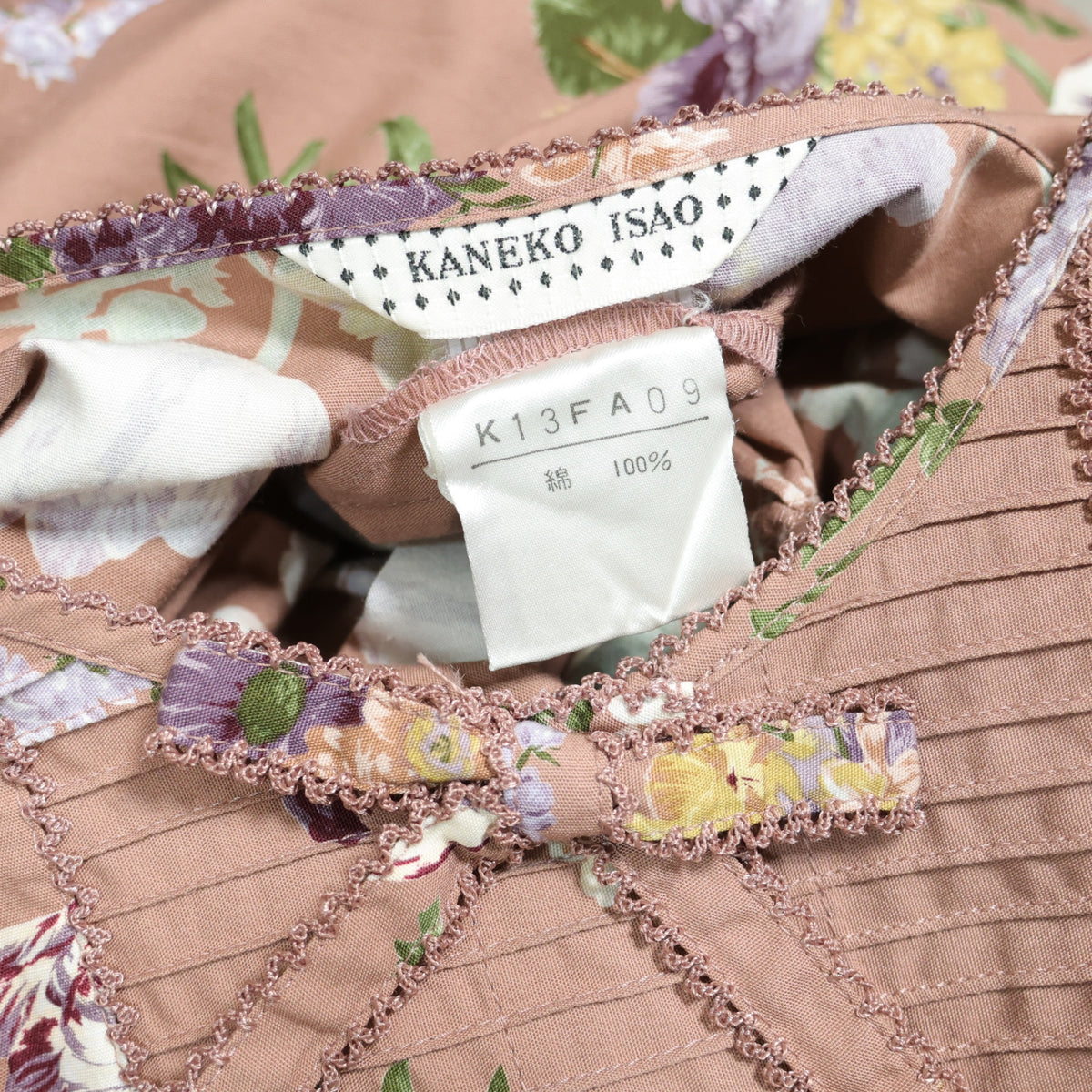 カネコイサオ★華やかチューリップ&ブーケ柄♪半袖ワンピース 薄茶系 リボン&ピンタック♪ピンクハウス系*z23046