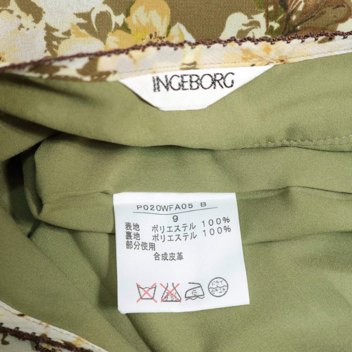 【美品】インゲボルグ★大人フェミニン♪シックな花柄シフォンワンピース サイズ9 緑×茶系 薄手 z21349