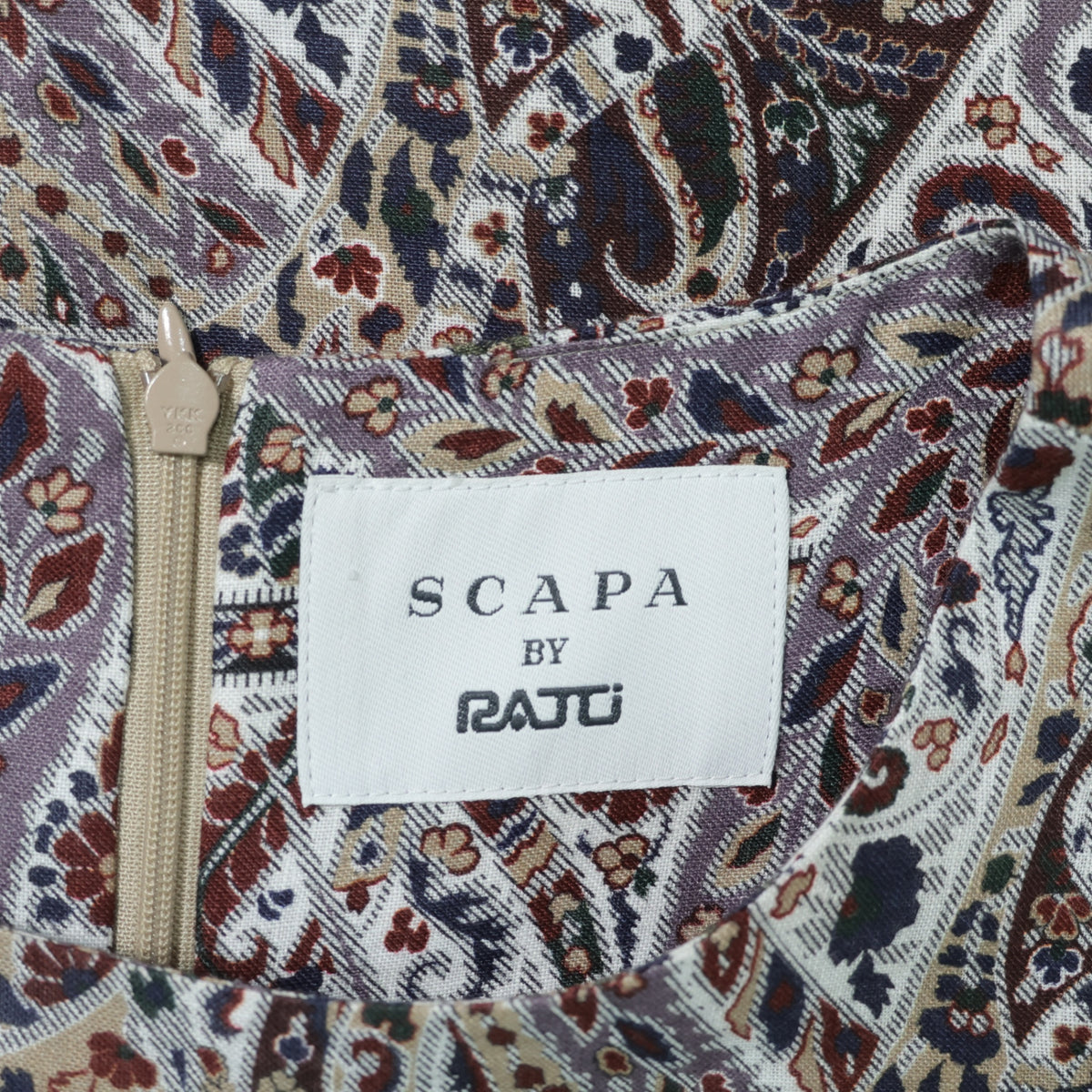 【美品】SCAPA スキャパ★麻100♪ノースリーブワンピース オリエンタル調 サイズ38 ブラウン系 薄手 z22741