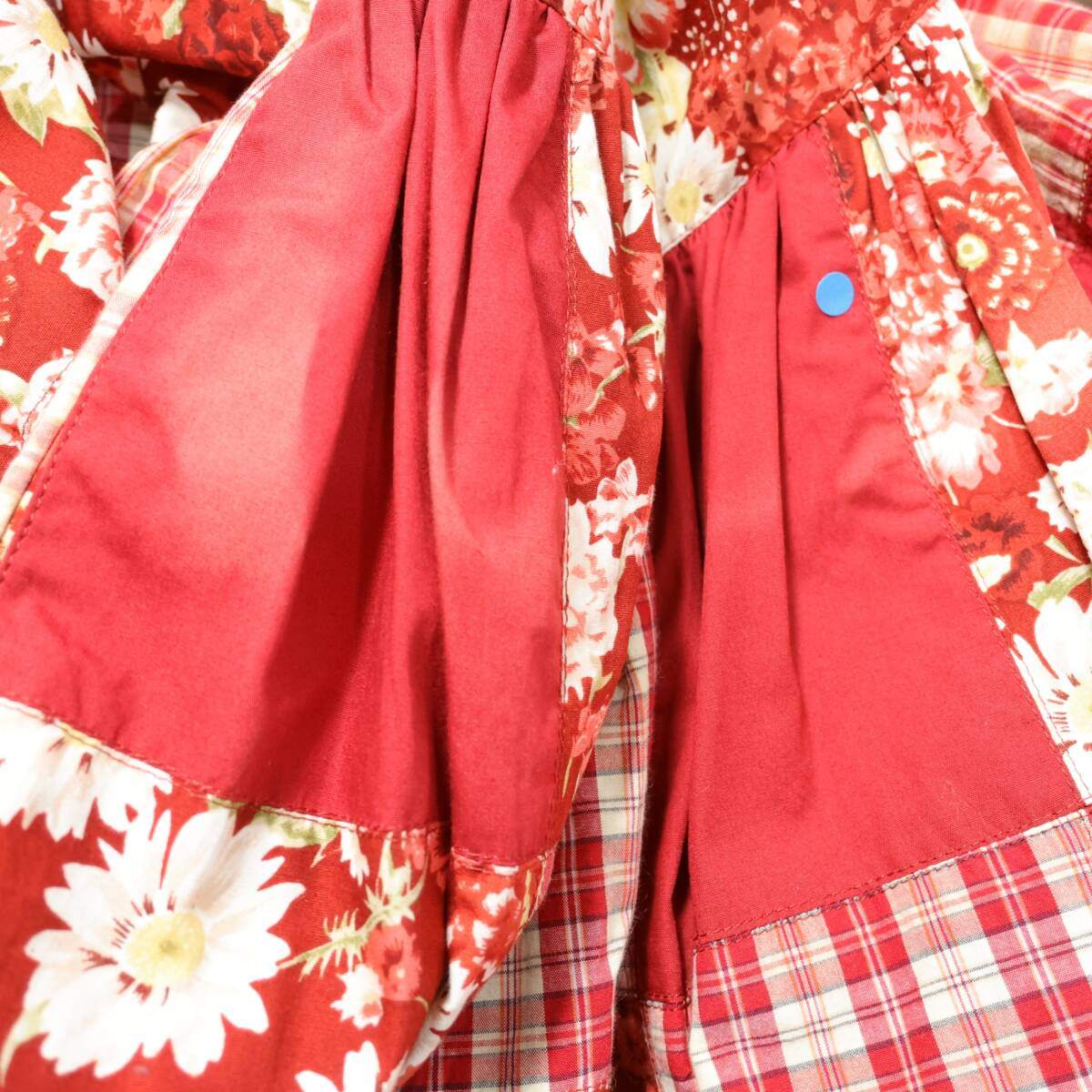 ピンクハウス★総パッチワーク ギャザースカート 前開き オリチェ&花柄♪リボン&はしごレース♪ 赤系 z21322