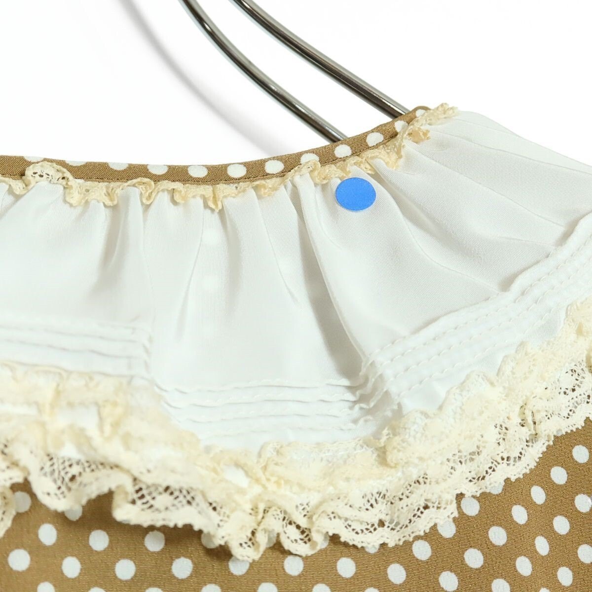 【美品】ピンクハウス★大人可愛い!ドット柄パフスリーブワンピース レトロ レース衿デザイン 薄ブラウン系 z15619