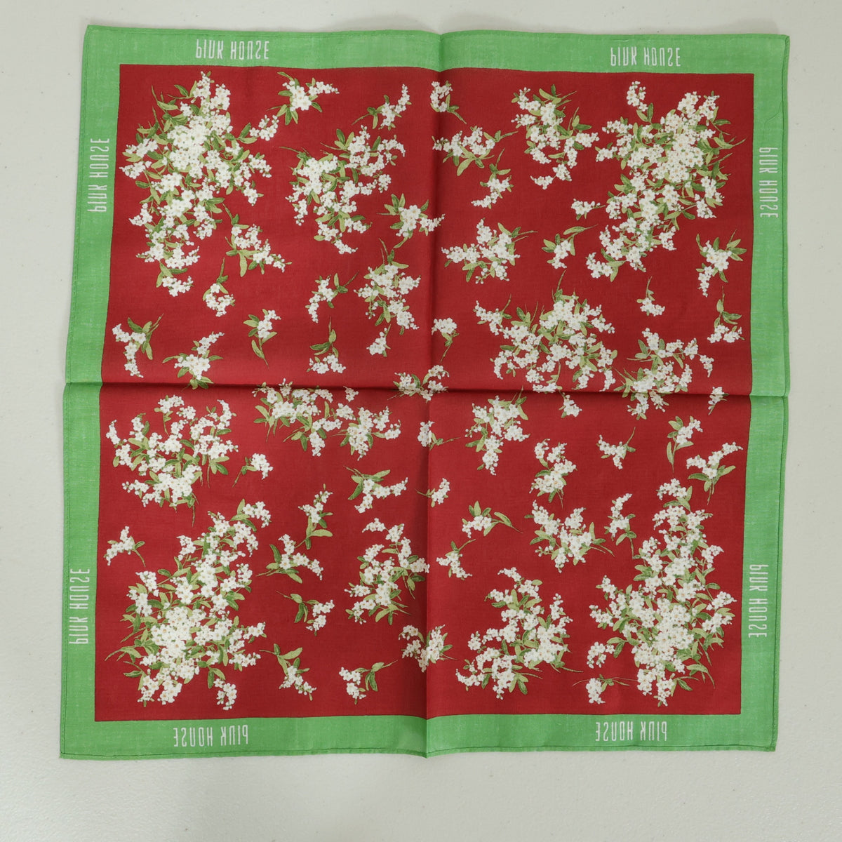 【美品】ピンクハウス★可憐な白花ハンカチ ロゴpt 花束 サイズ42㎝角 赤系 so446
