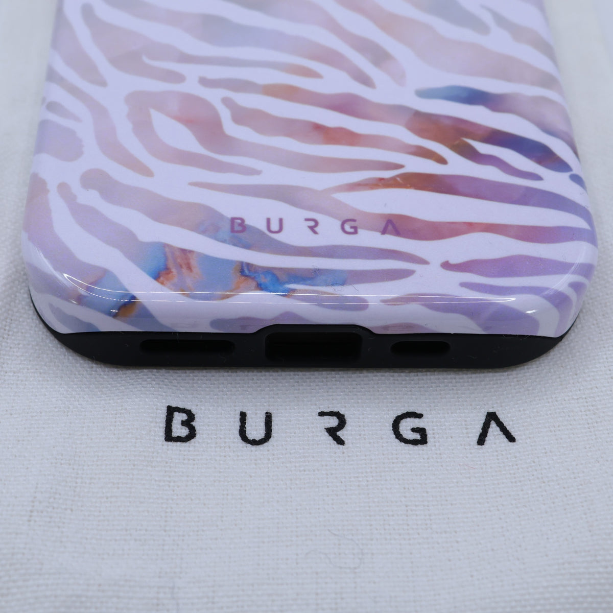 BURGA★マーブルゼブラ柄 iPhone14ケース MagSafe対応 巾着付 紫系 so398