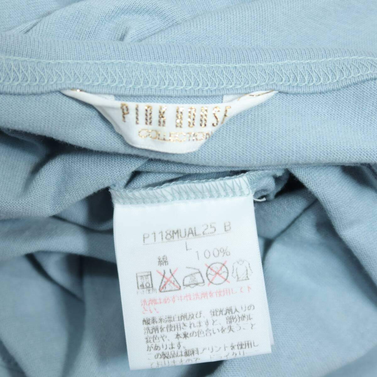 ピンクハウス★たっぷりパッチワーク♪お花とチェック柄 ロゴプリント Tシャツ 大きいサイズL 水色系 z20097