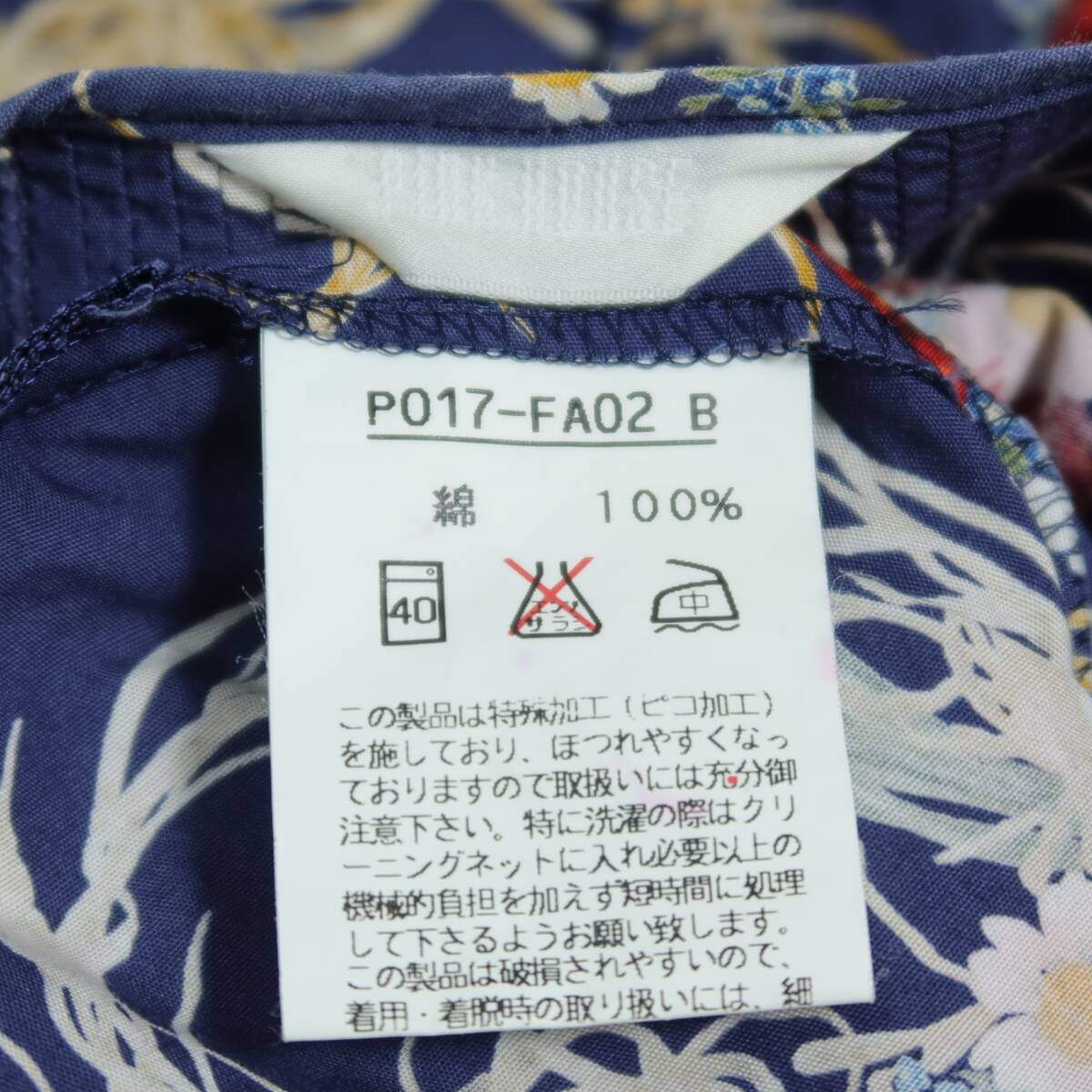【美品】ピンクハウス★リボン付き♪ブーケ柄長袖ワンピース ネイビー系 前開き 薄手z20951