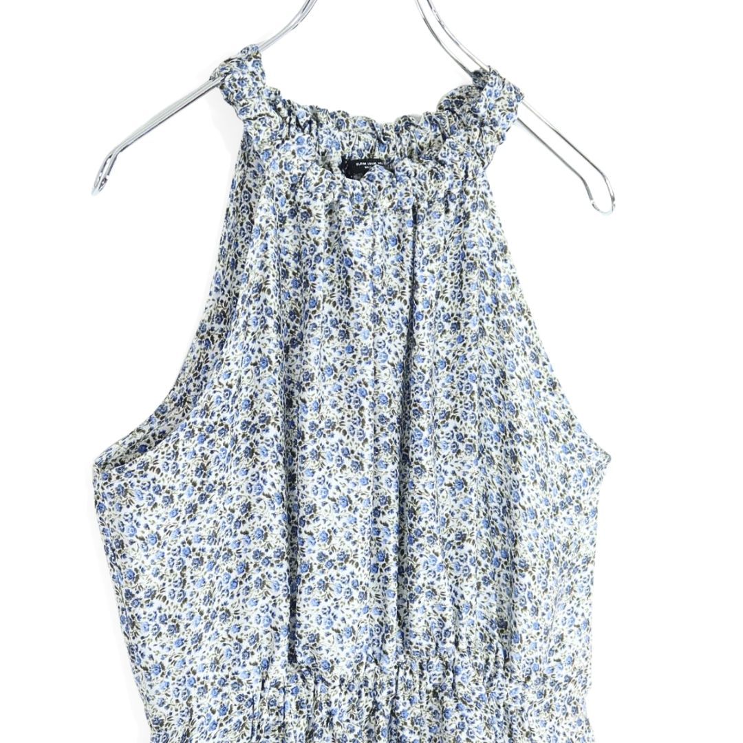 【美品】ZARA ザラ★小花柄マキシワンピース ホールターネック サイズM ブルー系 薄手 z19491