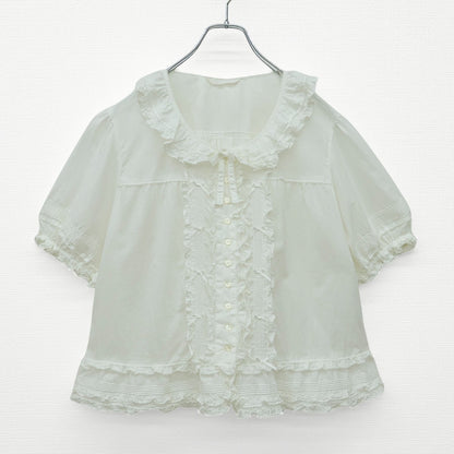 【美品】ピンクハウス★ミニリボン&フリル使い♪半袖ローンブラウス 大きいサイズL 白系 前開き ふんわりフォルム♪z23172