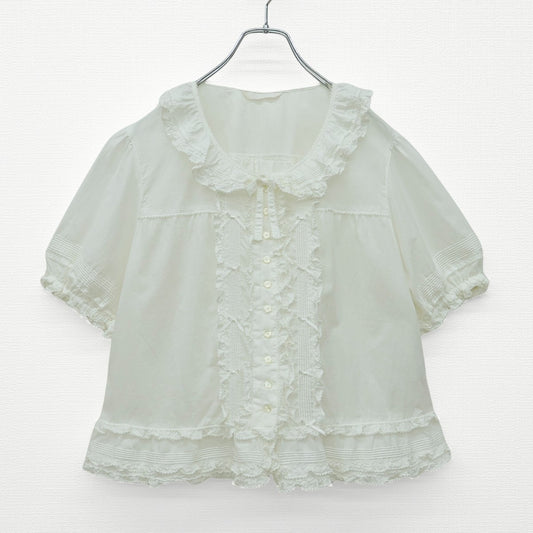 【美品】ピンクハウス★ミニリボン&フリル使い♪半袖ローンブラウス 大きいサイズL 白系 前開き ふんわりフォルム♪z23172