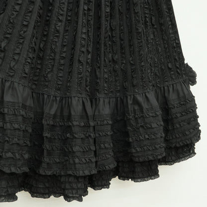 【極美品】ピンクハウス★びっしり縦フリル♪ローンギャザースカート 黒系 裾かぶせ段々&リボン♪z23280