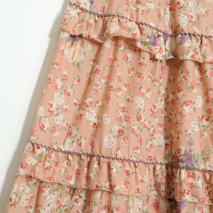 【美品】ピンクハウス★薔薇pt&段々フリル♪ギャザースカート サーモンピンク系 前開き z22914