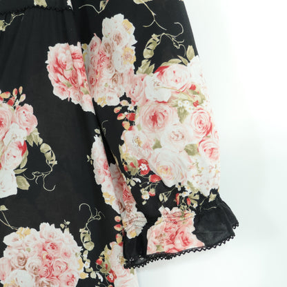 【美品】ピンクハウス★イチゴ&薔薇pt♪半袖ローンワンピース ミニ丈 黒系 前開き サテンリボン♪薄手 z22032