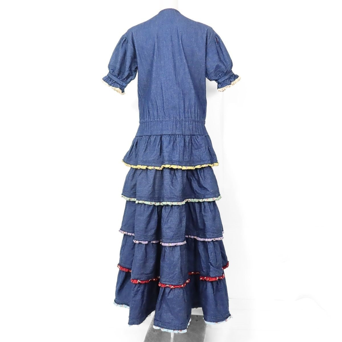 【レア美品！】ワンダフルワールド カネコイサオ★かぶせ段々♪デニムワンピース ネイビー系 カラフルなピコフリル♪z19738