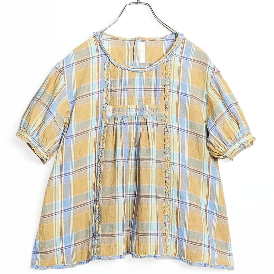 【美品】ピンクハウス★可愛い！胸元クロスステッチ マドラスチェック 半袖ブラウス リネン イエロー系 ＊ z15440