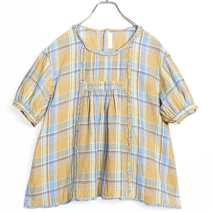 【美品】ピンクハウス★可愛い！胸元クロスステッチ マドラスチェック 半袖ブラウス リネン イエロー系 ＊ z15440