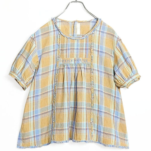 【美品】ピンクハウス★可愛い！胸元クロスステッチ マドラスチェック 半袖ブラウス リネン イエロー系 ＊ z15440