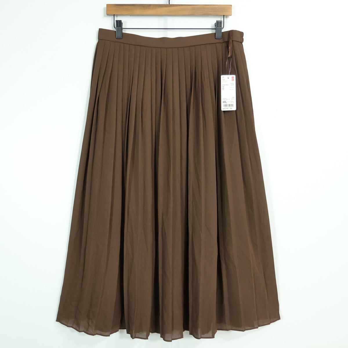 【新品タグ付】UNIQLO★シフォンプリーツロングスカート♪裏地付き 大きいサイズXXL ブラウン系 z22883