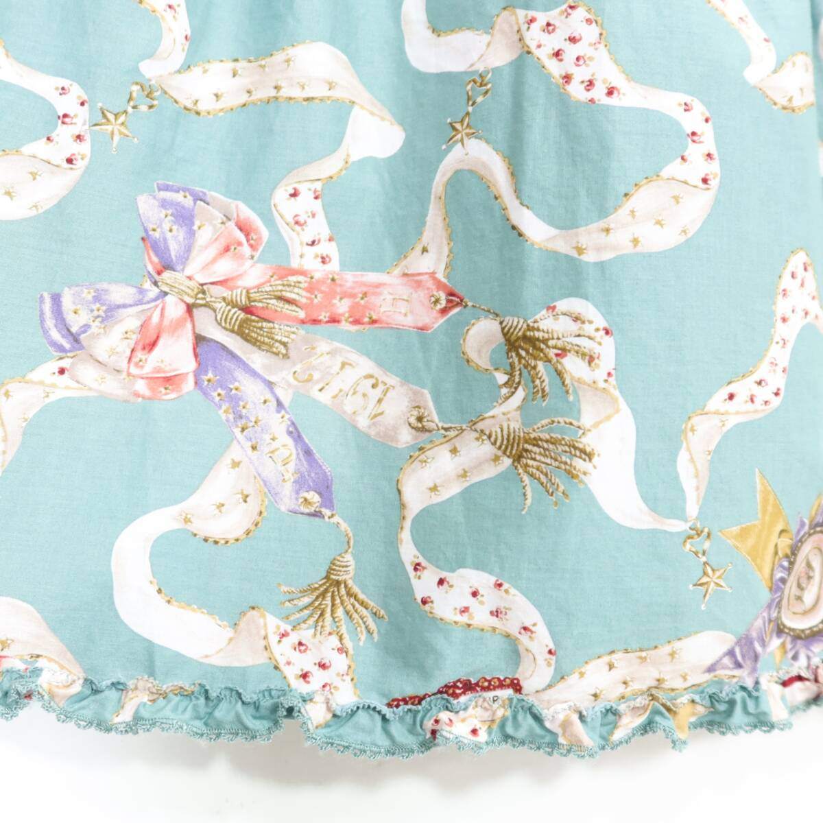 【極美品】ピンクハウス★華やか♪ロゼットプリント&たくし上げ♪ギャザースカート ハッカ系 キュートな紋章柄♪2024年製 z20781