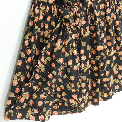 【レア美品】インゲボルグ★華やか薔薇pt♪七分袖ワンピース 黒系 前開き はしごレース&リボン♪薄手 z20078