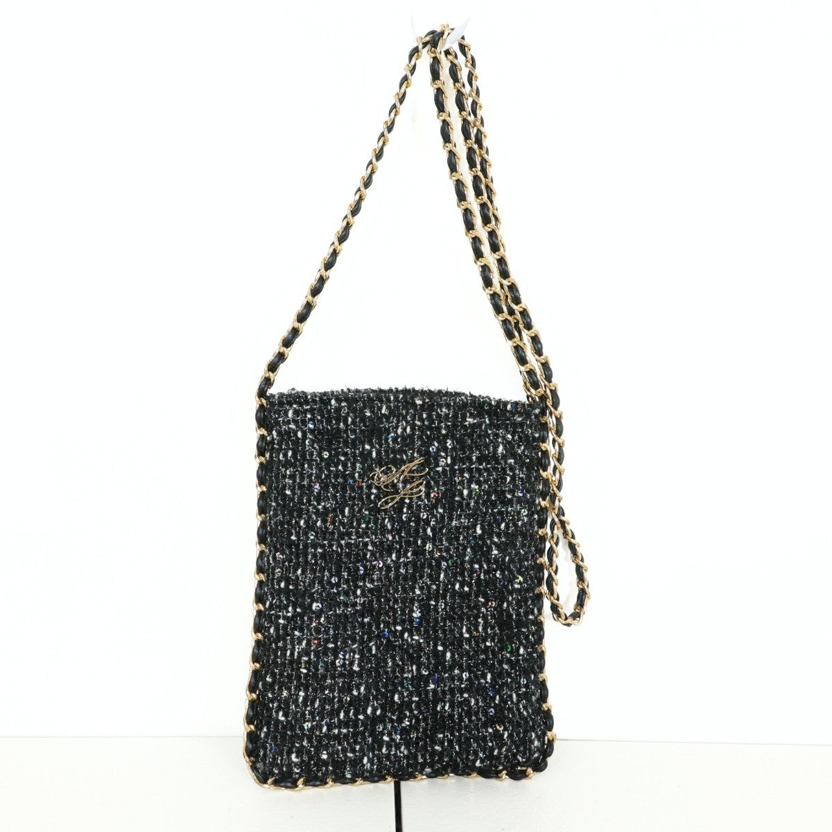 【美品】ajiri★上品♪ キラキララメのショルダーバッグ チェーンストラップ ツイード風 黒系 ba222