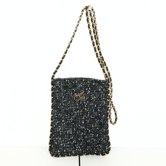 【美品】ajiri★上品♪ キラキララメのショルダーバッグ チェーンストラップ ツイード風 黒系 ba222