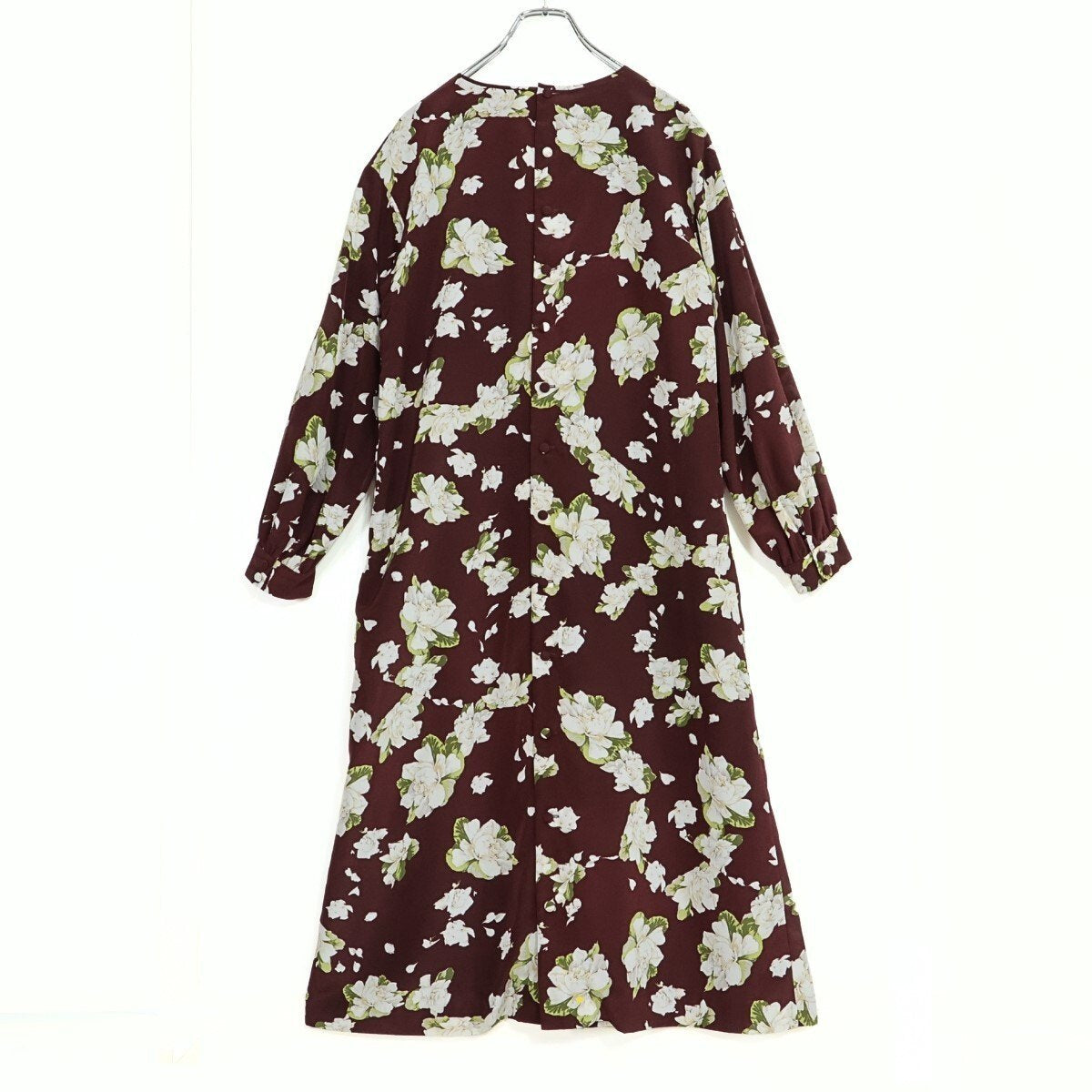 【美品】インゲボルグ★花柄pt♪ふんわり長袖ワンピース 赤茶系 大きなリボンも♪薄手 z21477
