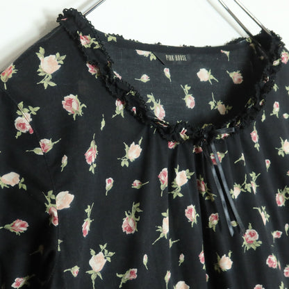 【美品】ピンクハウス★ギンガムパッチワーク♪ローンチュニックブラウス 黒系 薔薇pt♪薄手 z18327