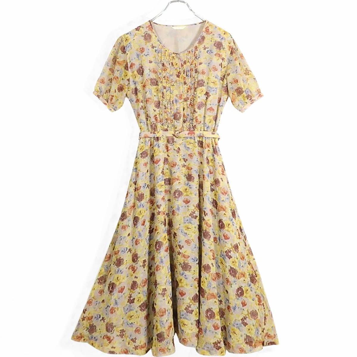 カネコイサオ★ふんわりシフォンワンピース  フリル付き♪花柄 シアー感♪ベージュ系ミックス＊z13491