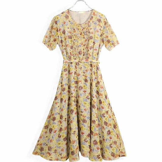 カネコイサオ★ふんわりシフォンワンピース  フリル付き♪花柄 シアー感♪ベージュ系ミックス＊z13491