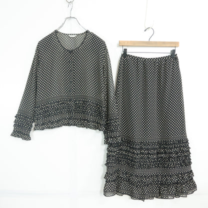 【美品】カネコイサオ★ドットpt♪上下セット シフォンブラウス&スカート サイズM 黒系 前開き z22399