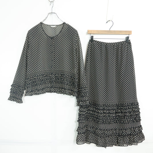 【美品】カネコイサオ★ドットpt♪上下セット シフォンブラウス&スカート サイズM 黒系 前開き z22399
