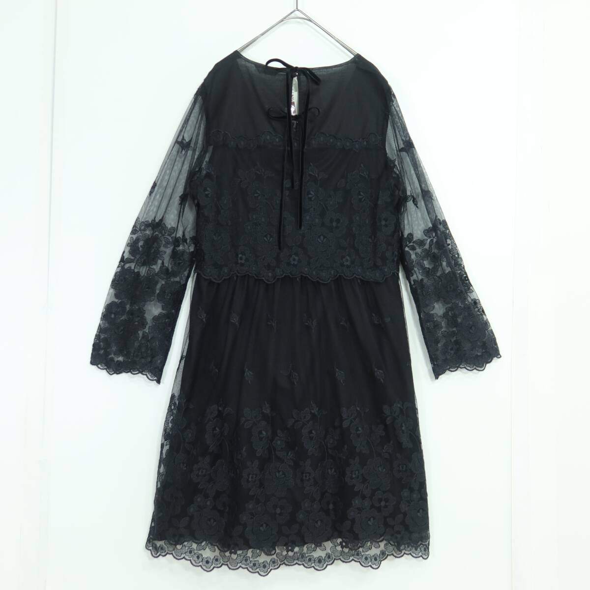 【極美品・紙タグ有】ピンクハウス★刺繍付きチュールレース♪長袖チュニックブラウス キャミ付き♪黒系 残布有 z19835