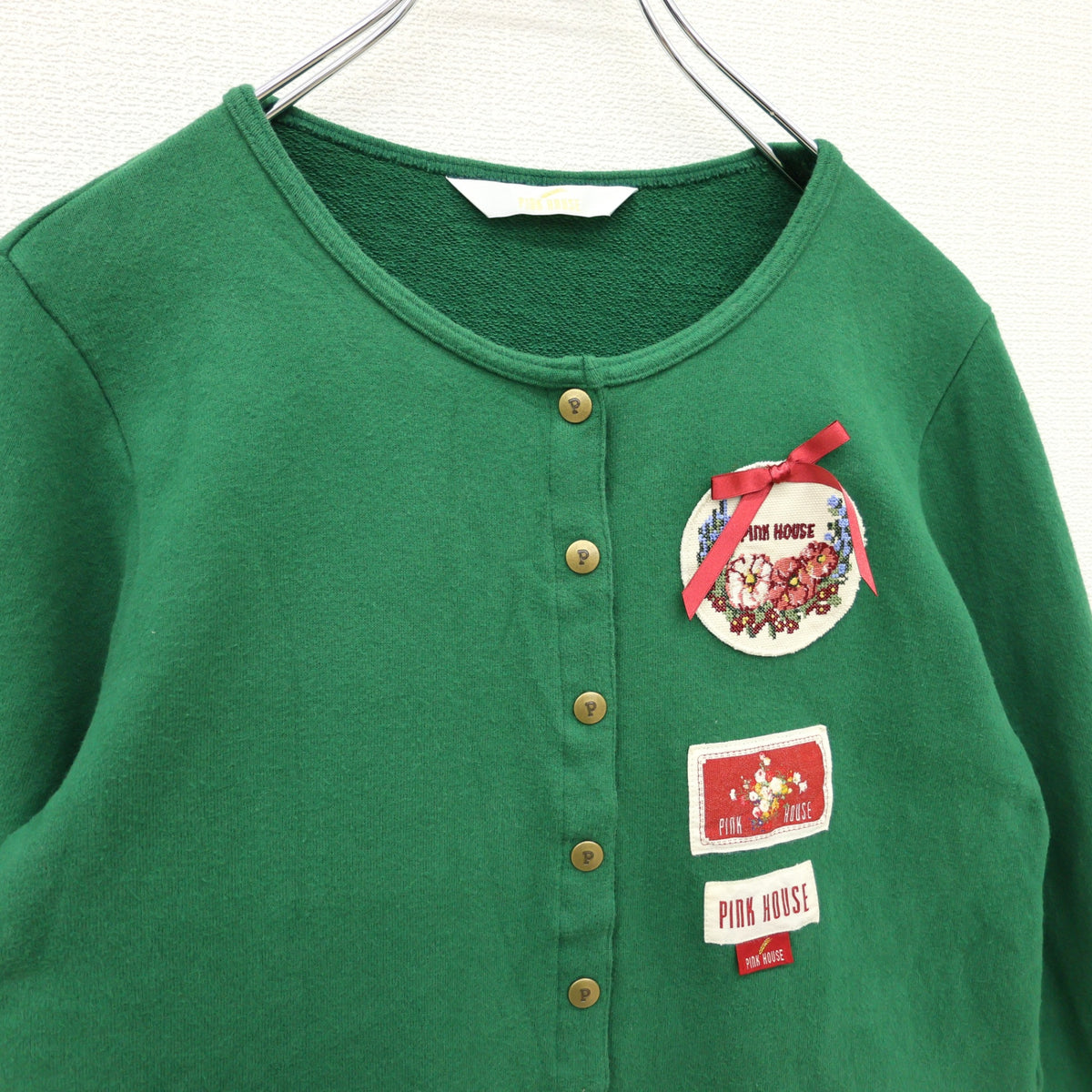 ピンクハウス★刺しゅう付きワッペン♪スナップカーディガン サイズM グリーン系 前開き ミニリボンも♪無地 z23328