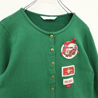 ピンクハウス★刺しゅう付きワッペン♪スナップカーディガン サイズM グリーン系 前開き ミニリボンも♪無地 z23328