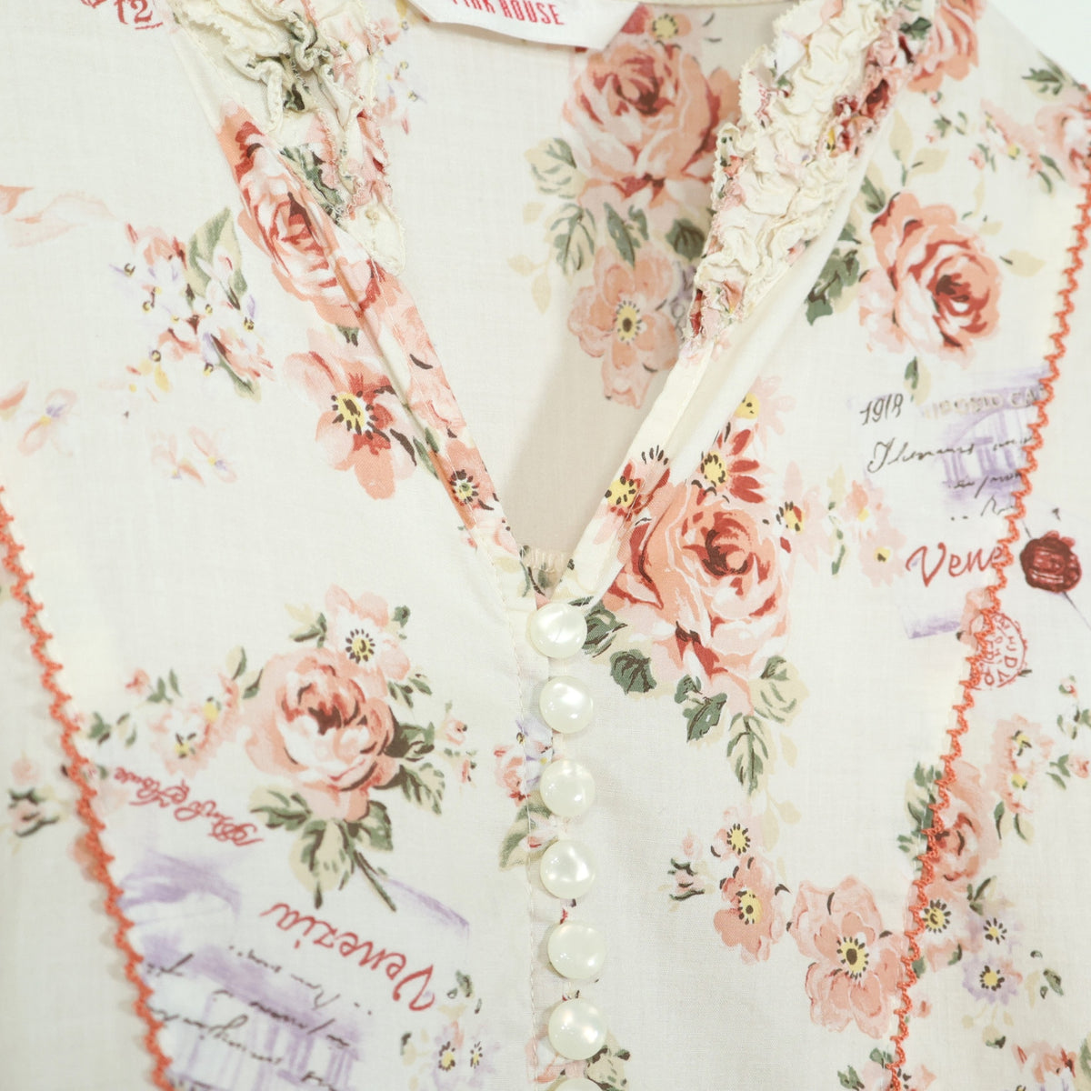 【美品】ピンクハウス★薔薇&エアメールpt♪半袖ミニワンピース エクリュ系 フリル&ピコレース♪薄手 z22548