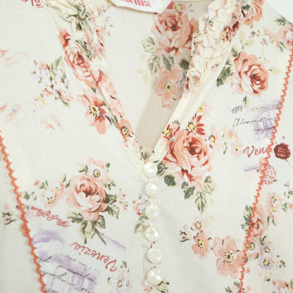 【美品】ピンクハウス★薔薇&エアメールpt♪半袖ミニワンピース エクリュ系 フリル&ピコレース♪薄手 z22548