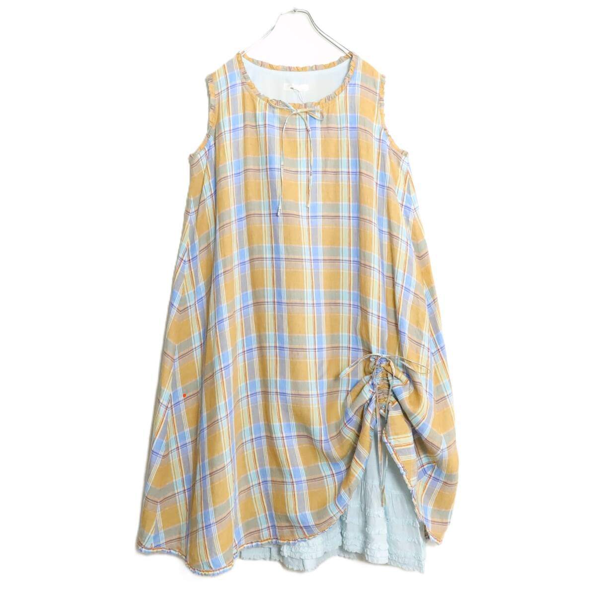 【極美品】ピンクハウス★たくし上げ&裾段々フリル♪オリチェptのリネンワンピース 黄褐色×青系 フリル♪残布有 z18000