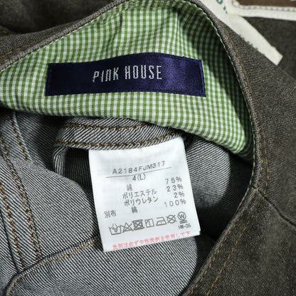 【美品】ピンクハウス★ひなぎくワッペン♪デニムジャケット ノーカラー 大きいサイズL チャコールグレー系 前開き 無地 z21851