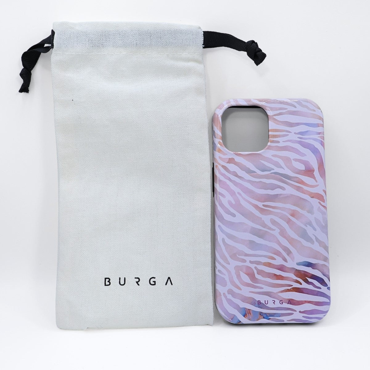 BURGA★マーブルゼブラ柄 iPhone14ケース MagSafe対応 巾着付 紫系 so398