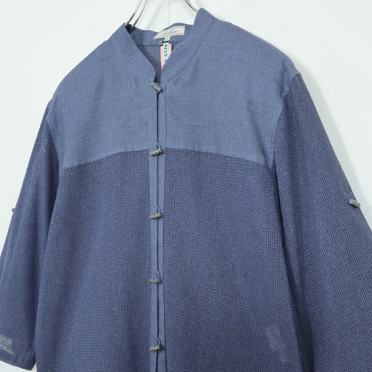 【美品】レリアン★麻混メッシュジャケット オリエンタル調ボタン サイズ11 ブルーグレー系 前開き 薄手 z22572