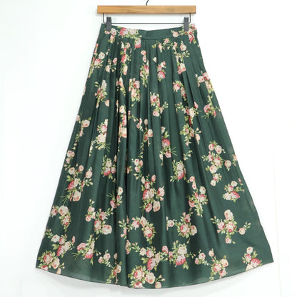 【美品】インゲボルグ★薔薇pt♪タック使いギャザースカート モスグリーン系 光沢あり♪薄手 z21478