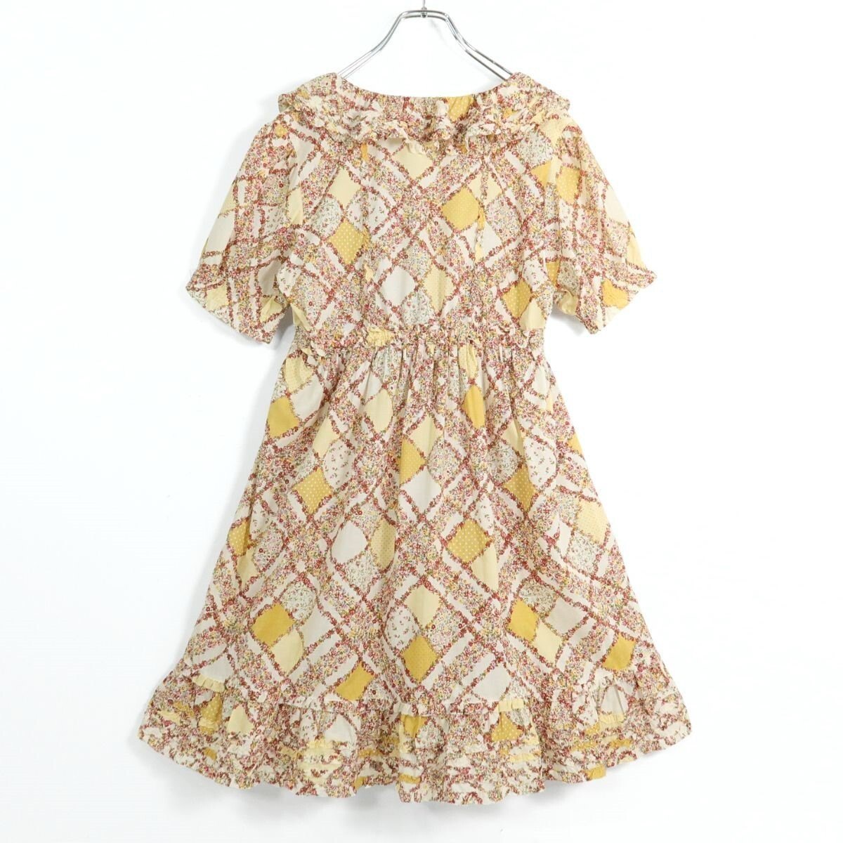 【美品】ピンクハウス★ローズ&ドット♪パッチワーク風ローンチュニックブラウス イエロー系 前開き 段々フリル♪z19582