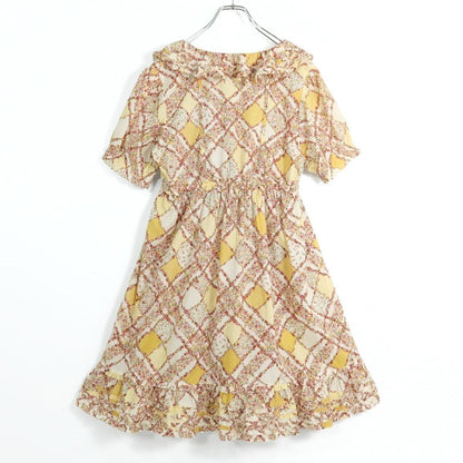 【美品】ピンクハウス★ローズ&ドット♪パッチワーク風ローンチュニックブラウス イエロー系 前開き 段々フリル♪z19582