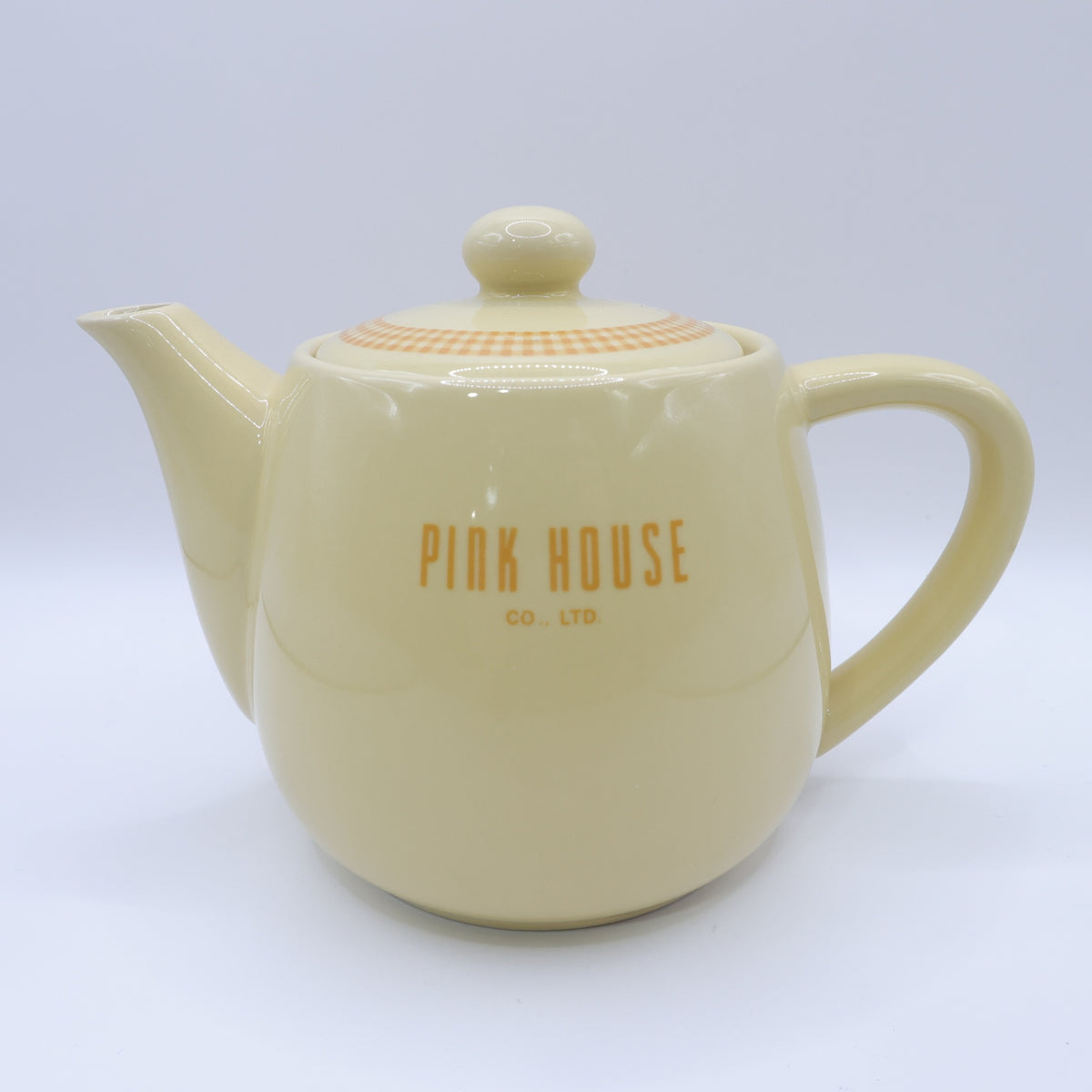 【美品】ピンクハウス★ギンガム&ロゴ入り♪ティーポット 紅茶ポット 陶器 イエロー系 茶こし付 so0411