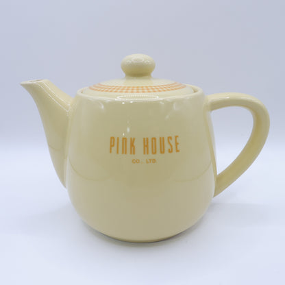 【美品】ピンクハウス★ギンガム&ロゴ入り♪ティーポット 紅茶ポット 陶器 イエロー系 茶こし付 so0411