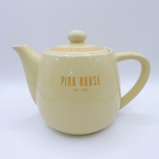 【美品】ピンクハウス★ギンガム&ロゴ入り♪ティーポット 紅茶ポット 陶器 イエロー系 茶こし付 so0411