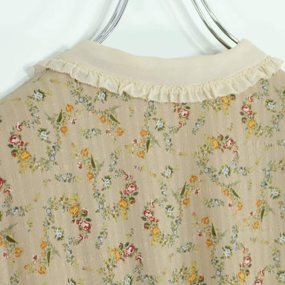 【美品】インゲボルグ★クラシカルな襟付き ピンタック フリル 花柄ワンピース♪ベージュ系 z19687