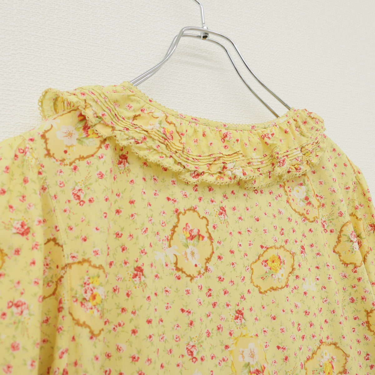 ピンクハウス★ミニ薔薇&小鳥pt♪半袖ワンピース 大きいサイズL イエロー系 前開き 薄手 z23379