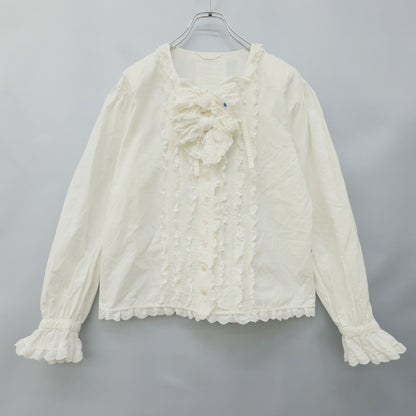 ピンクハウス★リボン＆薔薇レース使い♪長袖ブラウス オフ白系 前開き 薄手 無地 z23456