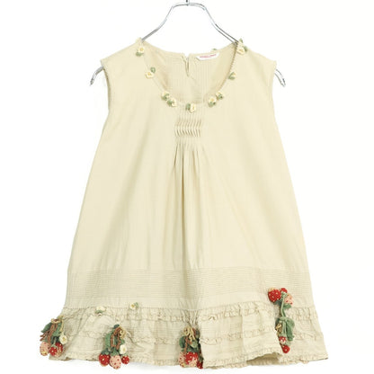 【美品】ワンダフルワールド★いちごモチーフが可愛い♪ピンタック ピコフリル ノースリーブブラウス ベージュ系 z22652