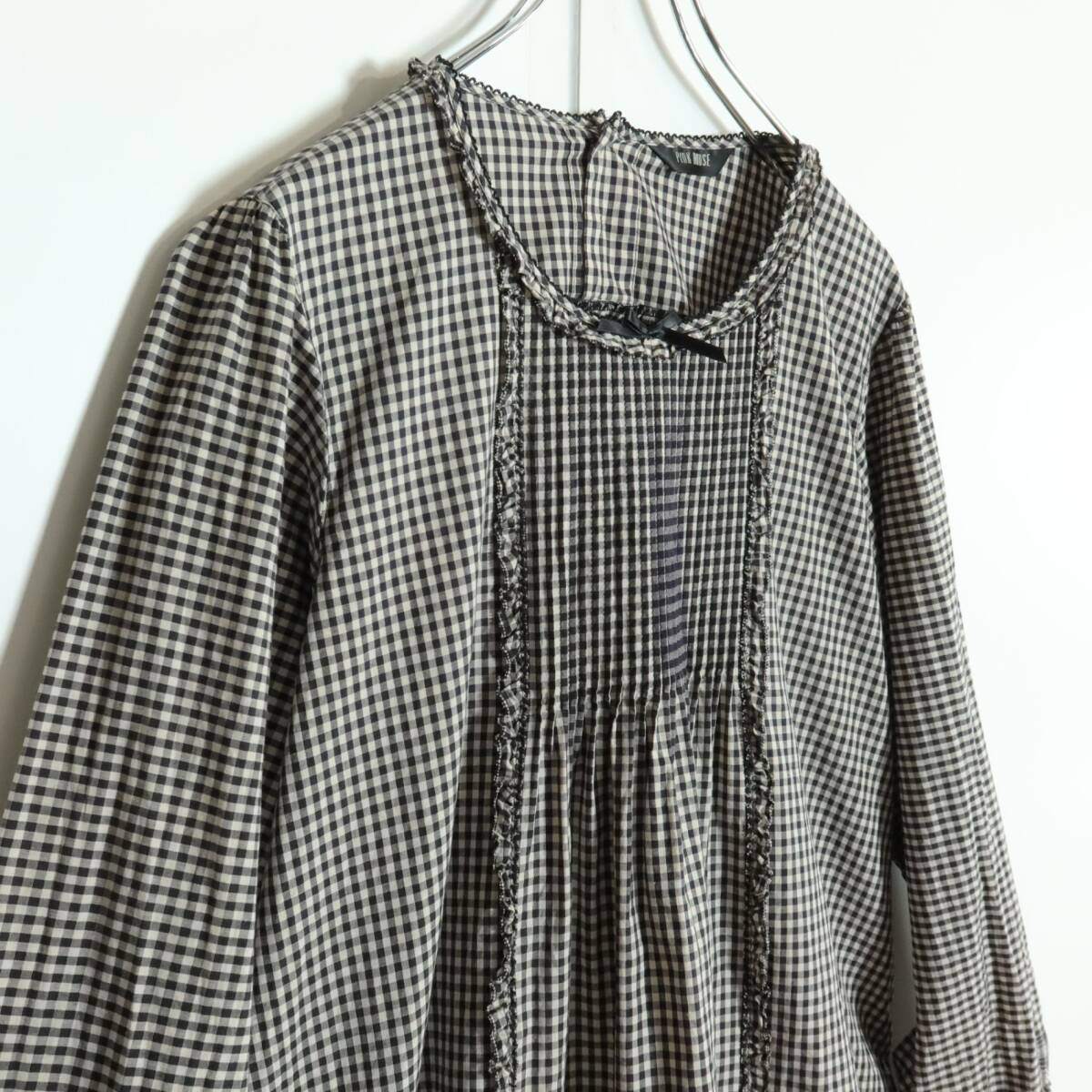 【極美品】ピンクハウス★ふんわりフォルム♪ギンガムチェックブラウス 紺系 サテンリボン♪＊z15830